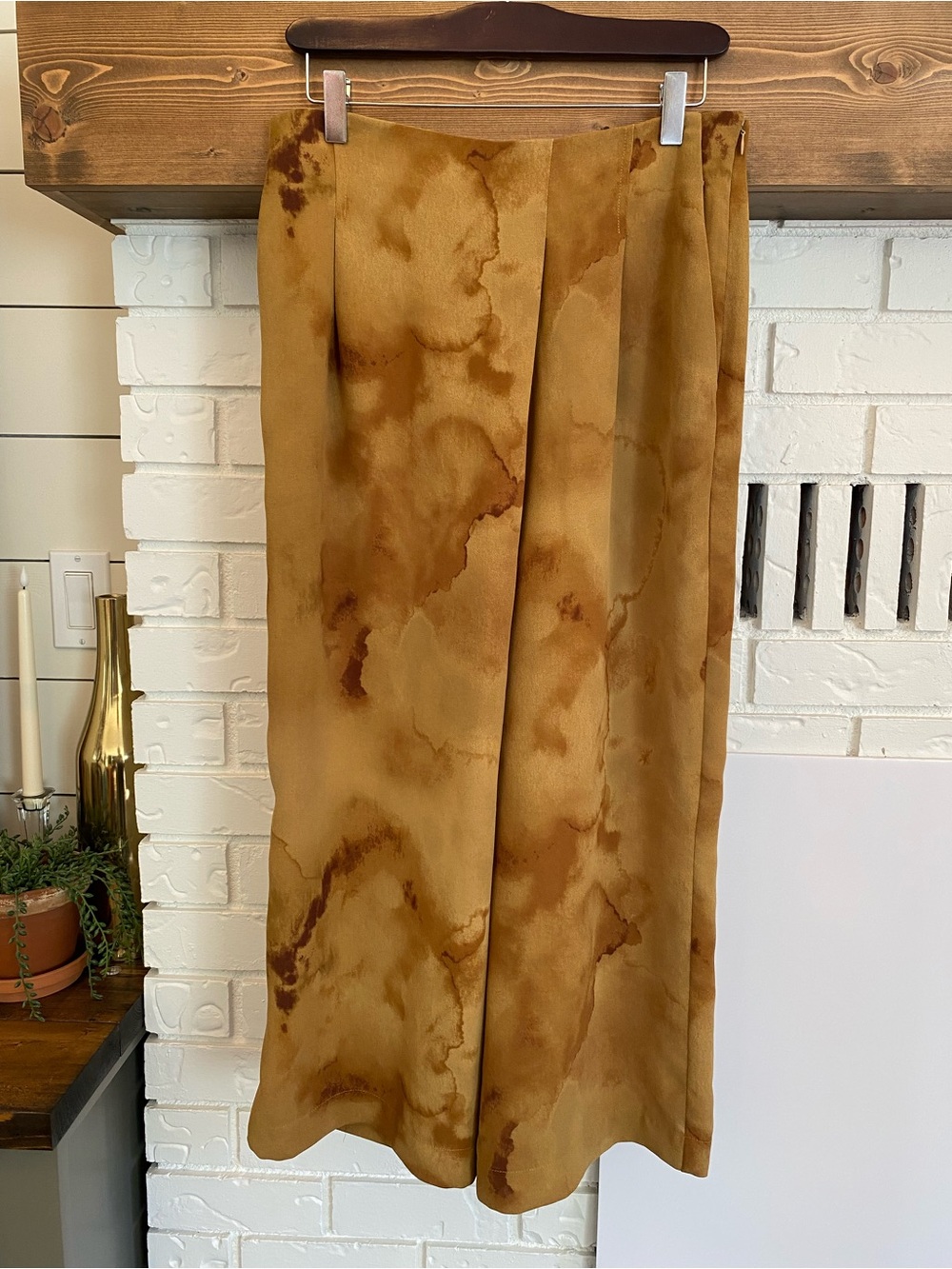 OAK + FORT Wide-Leg Tie-Dye Culotte Pants in Mustard Brown Sz Large Goblincore - Picture 2 of 14